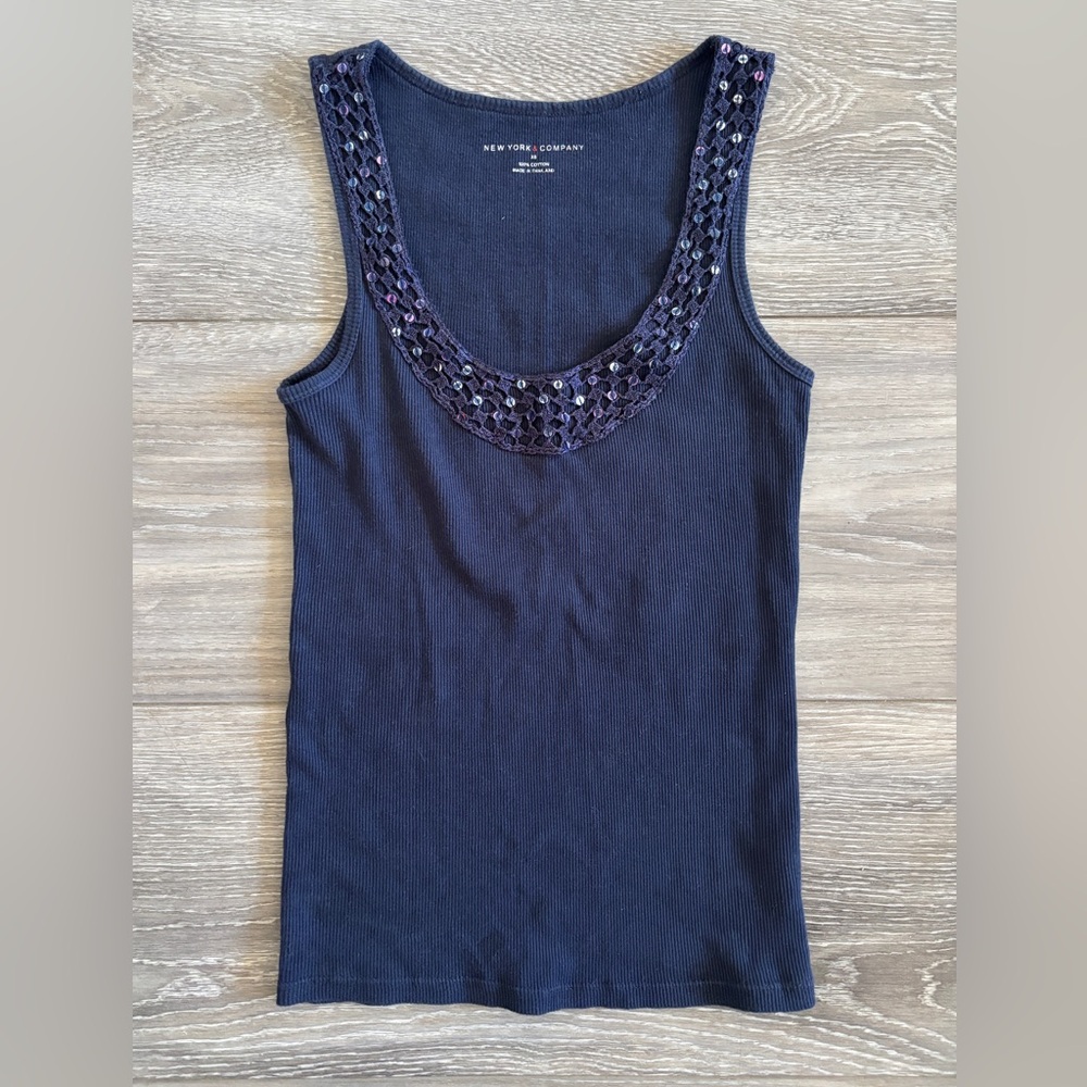 New York & Company Navy Sequin Trim Scoop Neck Ribbed Tank Top 100% Cotton XS